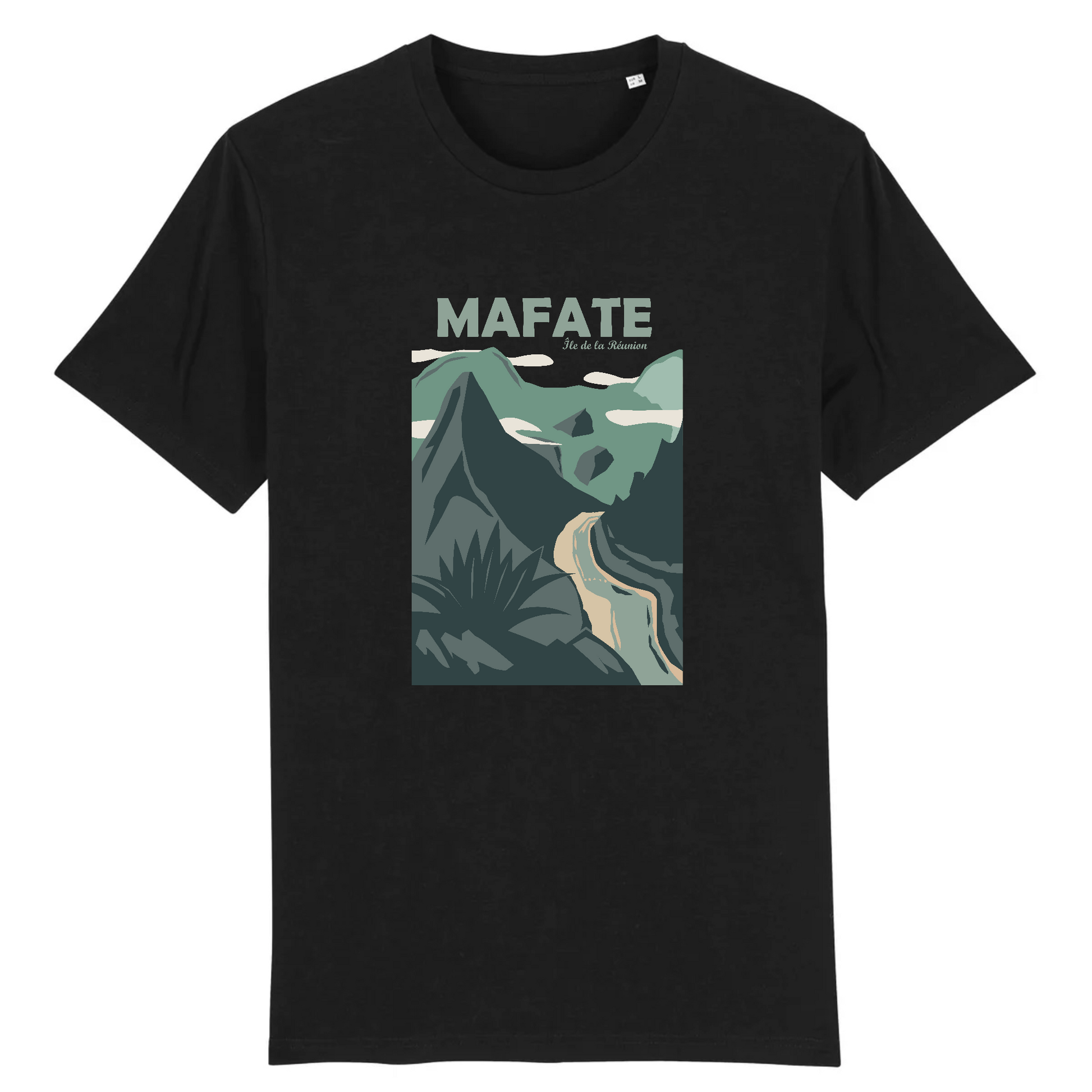Vue de face t-shirt noir, motif Mafate centré, relief et végétation stylisés.