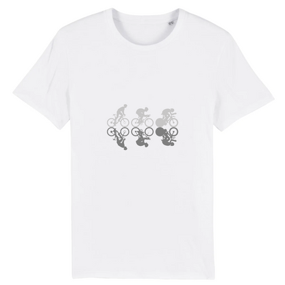 Vue de face t-shirt blanc, trois silhouettes cyclistes alignées, grimpeur rouleur sprinteur.