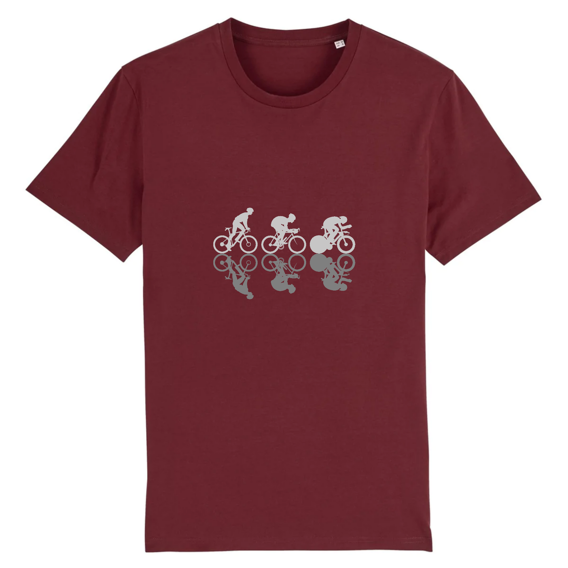 Vue de face t-shirt bordeaux, motif cyclistes centré, trois profils grimpeur/rouleur/sprinteur.