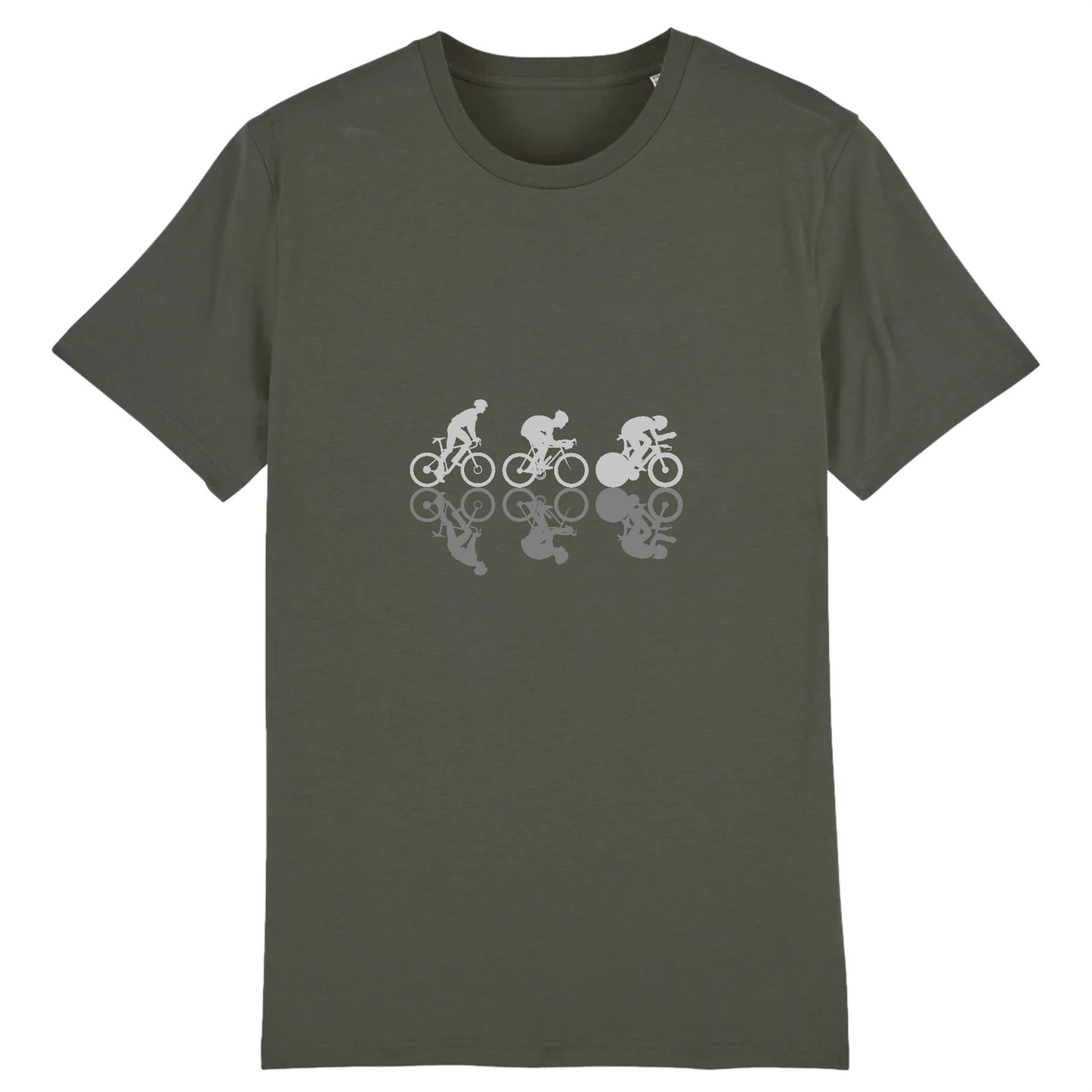 T-shirt Sortie Longue vert kaki, vue de face, design cyclisme en triptyque (pente, tempo, sprint), trois silhouettes; t-shirt pour sorties vélo et trajets.