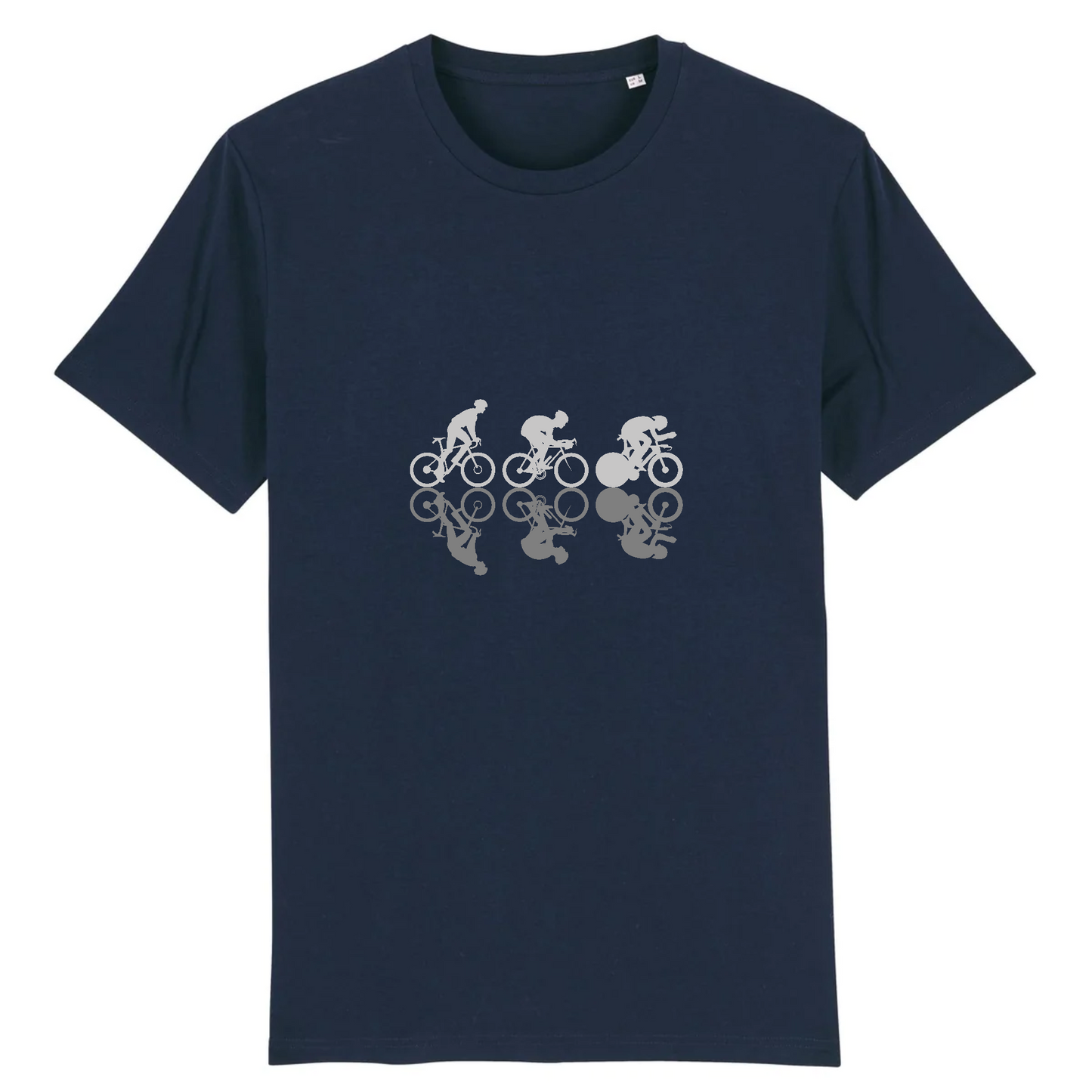 T-shirt Sortie Longue bleu marine, vue de face, trois profils cyclistes imprimés, lecture immédiate; t-shirt unisexe pour vélo et déplacements.