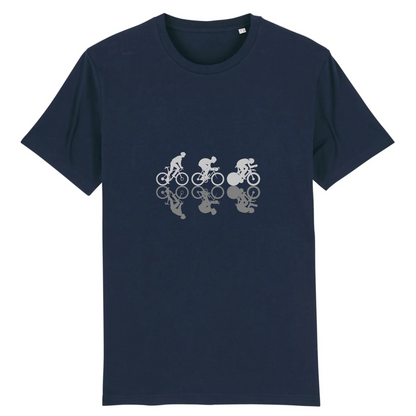 T-shirt Sortie Longue bleu marine, vue de face, trois profils cyclistes imprimés, lecture immédiate; t-shirt unisexe pour vélo et déplacements.