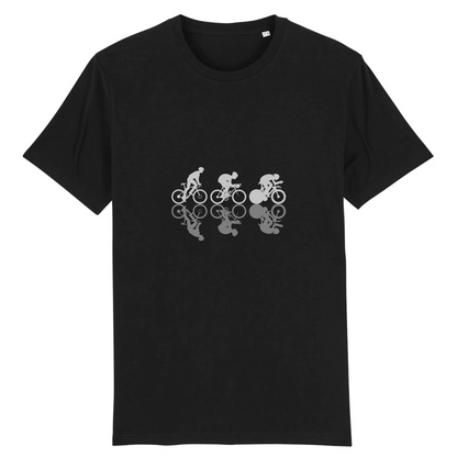 T-shirt Sortie Longue noir, vue de face, impression trois profils cyclistes, grimpeur-rouleur-sprinteur alignés; pièce sobre pour vélo, trajets et quotidien.
