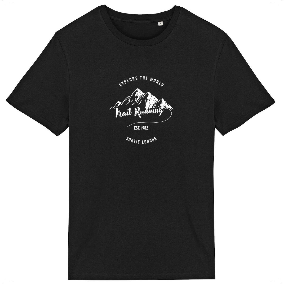 Vue de face t-shirt noir, texte « Explore the world » et « Trail running » avec chaîne de montagnes.