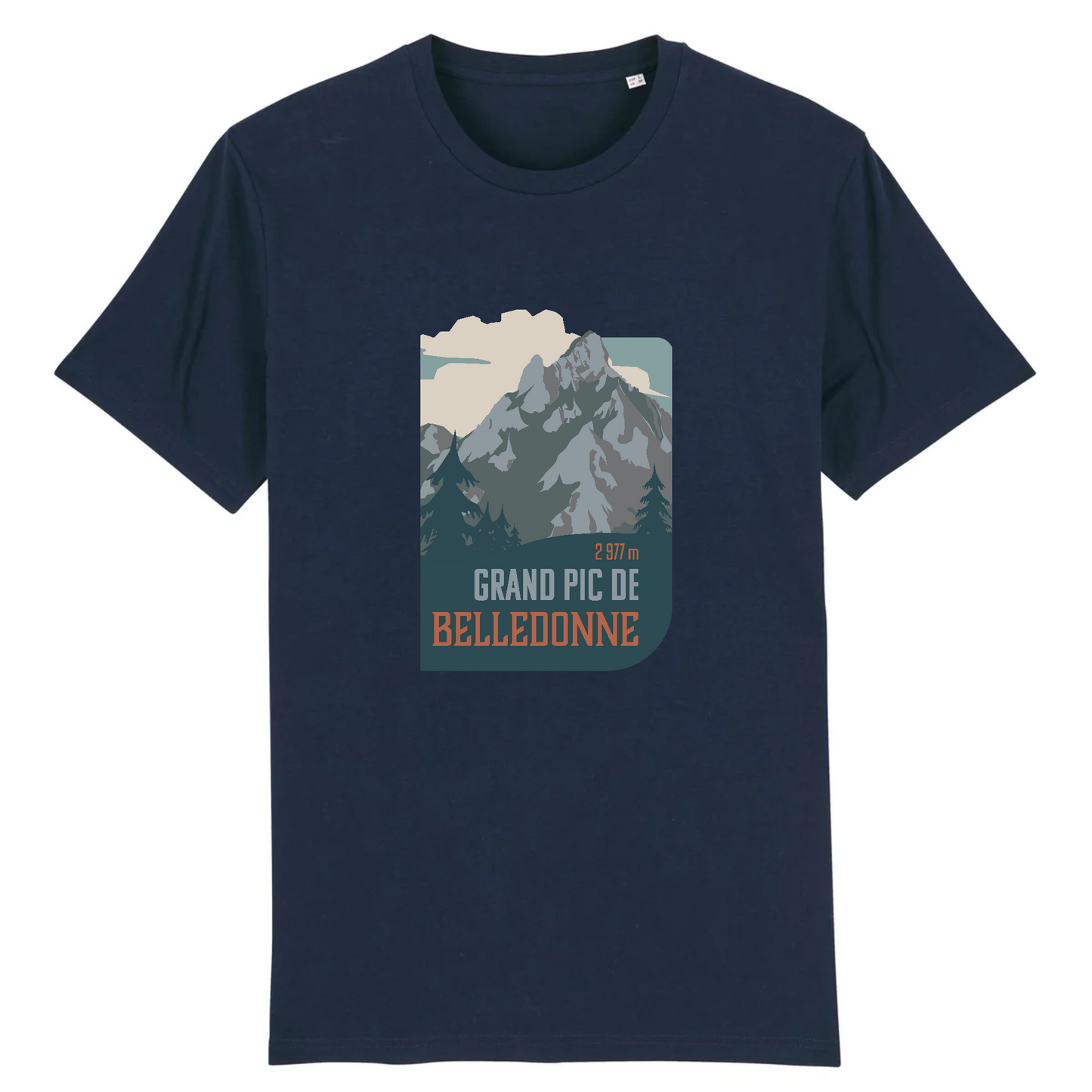 T-shirt unisexe bleu Sortie Longue, vue de face, design Grand Pic de Belledonne 2977 m, montagne stylisée et forêt, vêtement sobre pour sortie, déplacement et après-course.