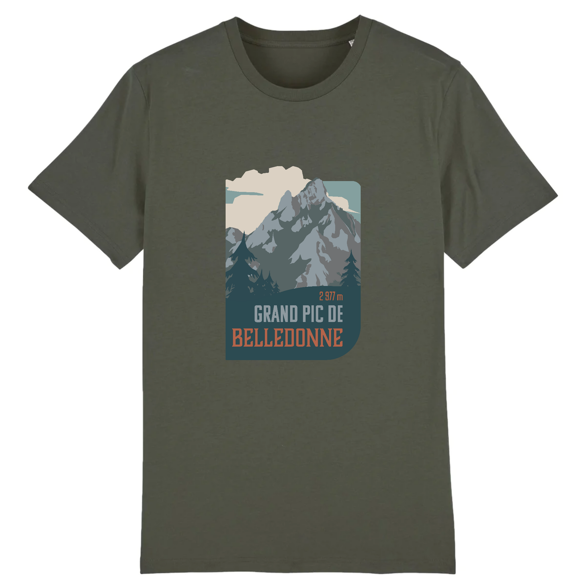 T-shirt unisexe kaki Sortie Longue, vue de face sur fond neutre, impression Grand Pic de Belledonne 2977 m, design montagne/forêt pour usage outdoor, marche et sortie longue.