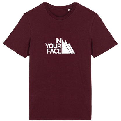 T-shirt Sortie Longue bordeaux, vue de face, motif « In Your Face » imprimé, emblème de montagne détourné; t-shirt unisexe pour retours et quotidien.