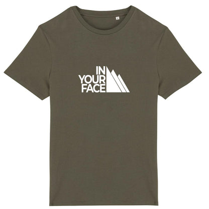 Vue de face t-shirt kaki, design In Your Face centré, pictogramme de massif revisité.