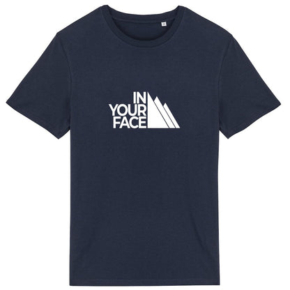 Vue de face t-shirt bleu marine, design In Your Face centré, montagne stylisée et typographie compacte.