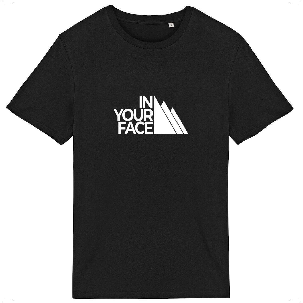 T-shirt Sortie Longue noir, vue de face, impression « In Your Face » centrée sur un emblème montagne revisité; pièce sobre pour ville.