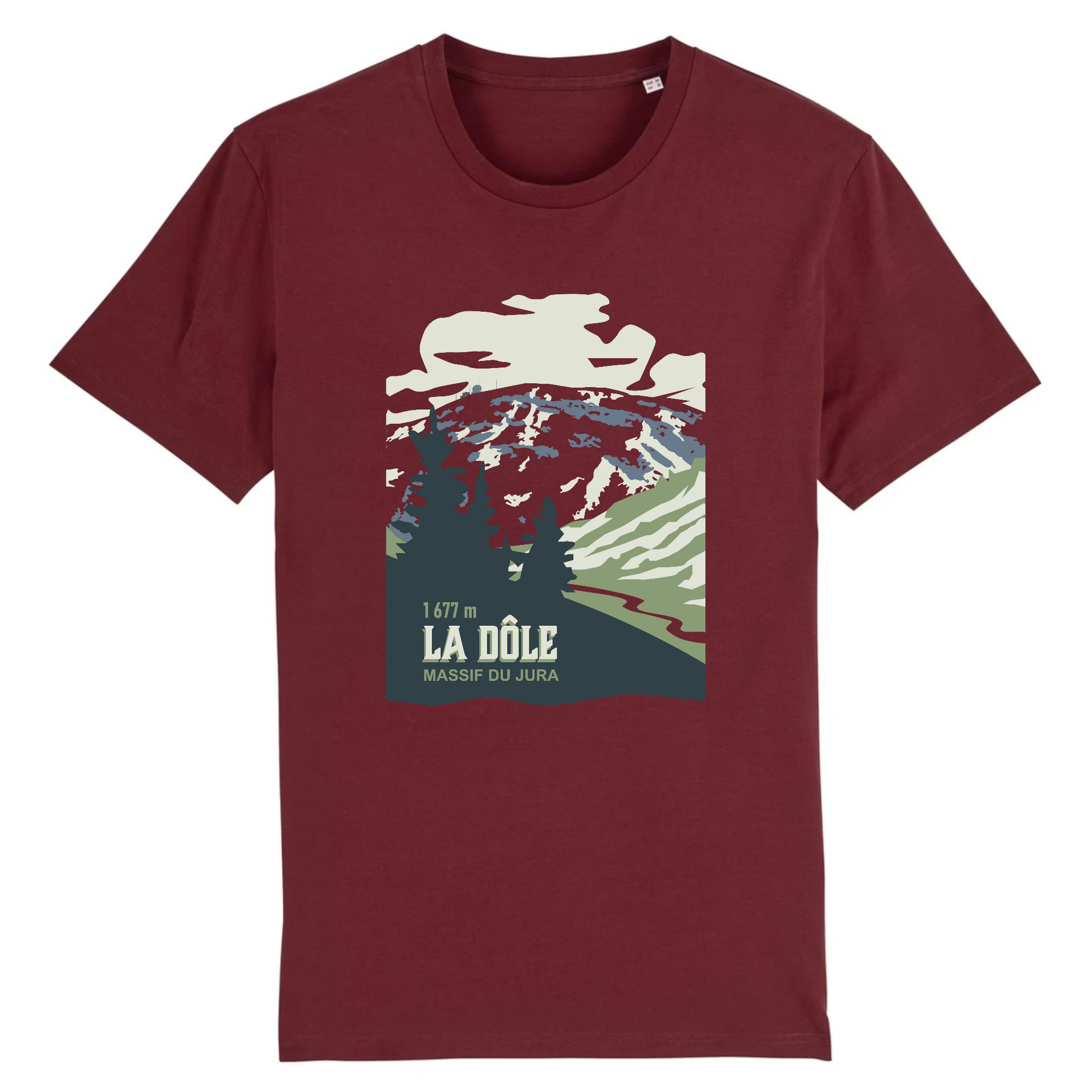 T-shirt unisexe Sortie Longue bordeaux, vue de face, design La Dôle (Jura) imprimé sur la poitrine, relief en plans et contraste, tenue outdoor sobre pour marche et sorties nature.