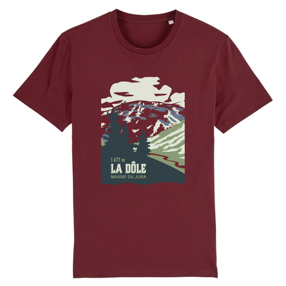 T-shirt unisexe Sortie Longue bordeaux, vue de face, design La Dôle (Jura) imprimé sur la poitrine, relief en plans et contraste, tenue outdoor sobre pour marche et sorties nature.