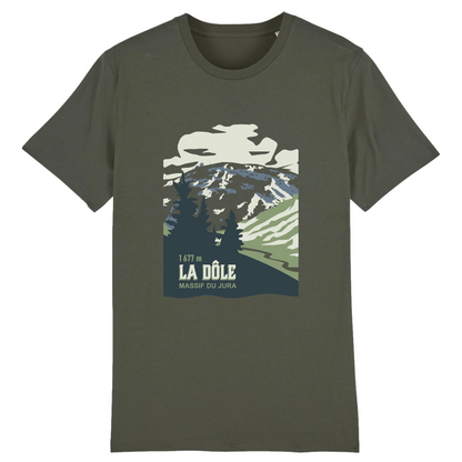 T-shirt unisexe Sortie Longue kaki, vue de face sur fond clair, impression La Dôle au centre, paysage jurassien stylisé, t-shirt pour déplacements, marche et randonnée.