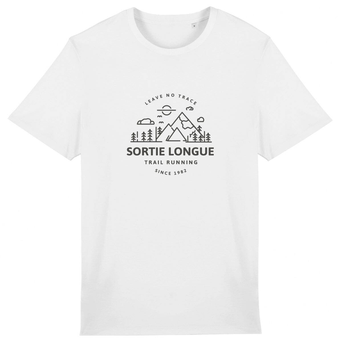 T-shirt unisexe Sortie Longue blanc, vue de face sur fond clair, insigne « Leave No Trace » centré; t-shirt trail running et randonnée, règle de passage sans trace.