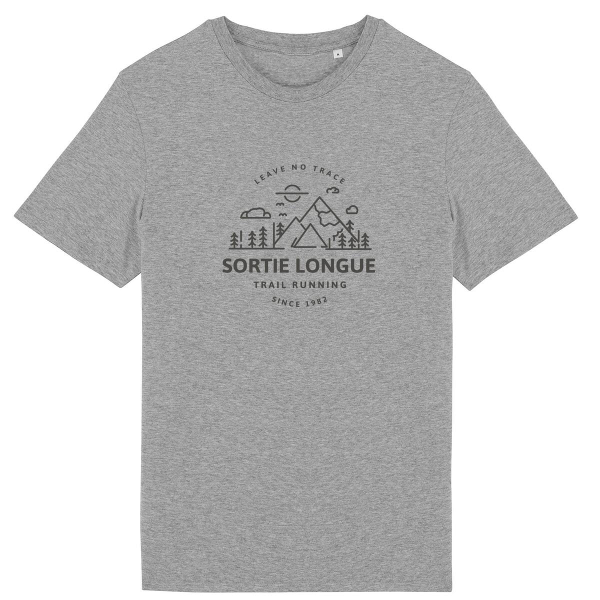 T-shirt unisexe Sortie Longue gris chiné, vue de face sur fond clair, insigne « Leave No Trace » centré; t-shirt trail running et randonnée, règle de passage sans trace.