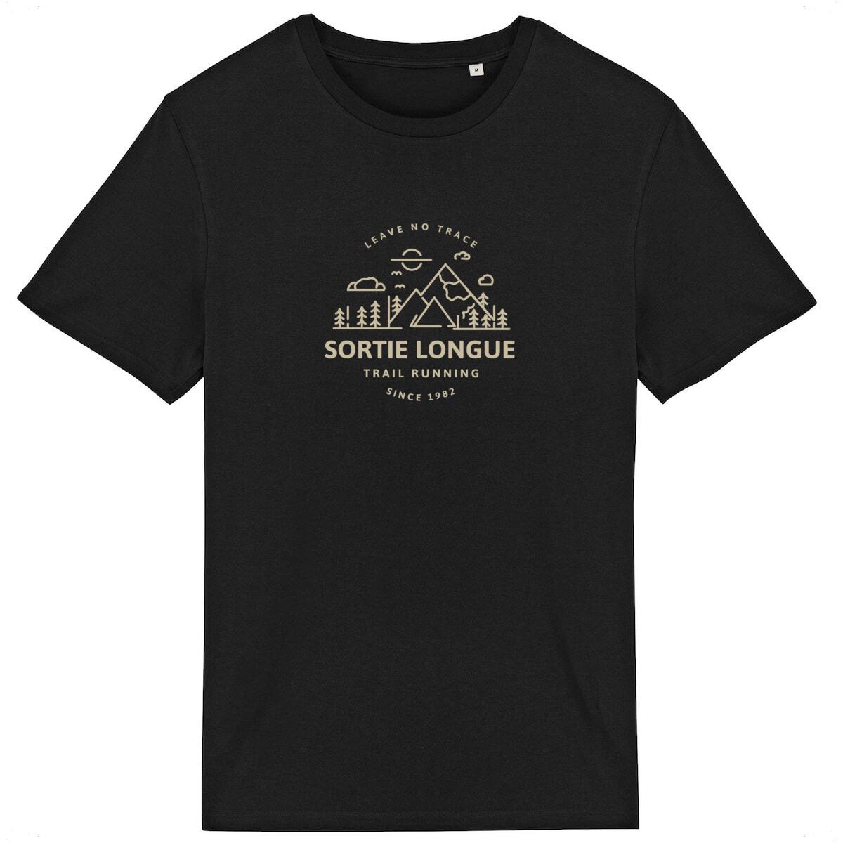 T-shirt unisexe Sortie Longue noir, vue de face sur fond clair, badge « Leave No Trace » imprimé, motif montagne/forêt; vêtement sobre pour sentier, sortie longue et randonnée.