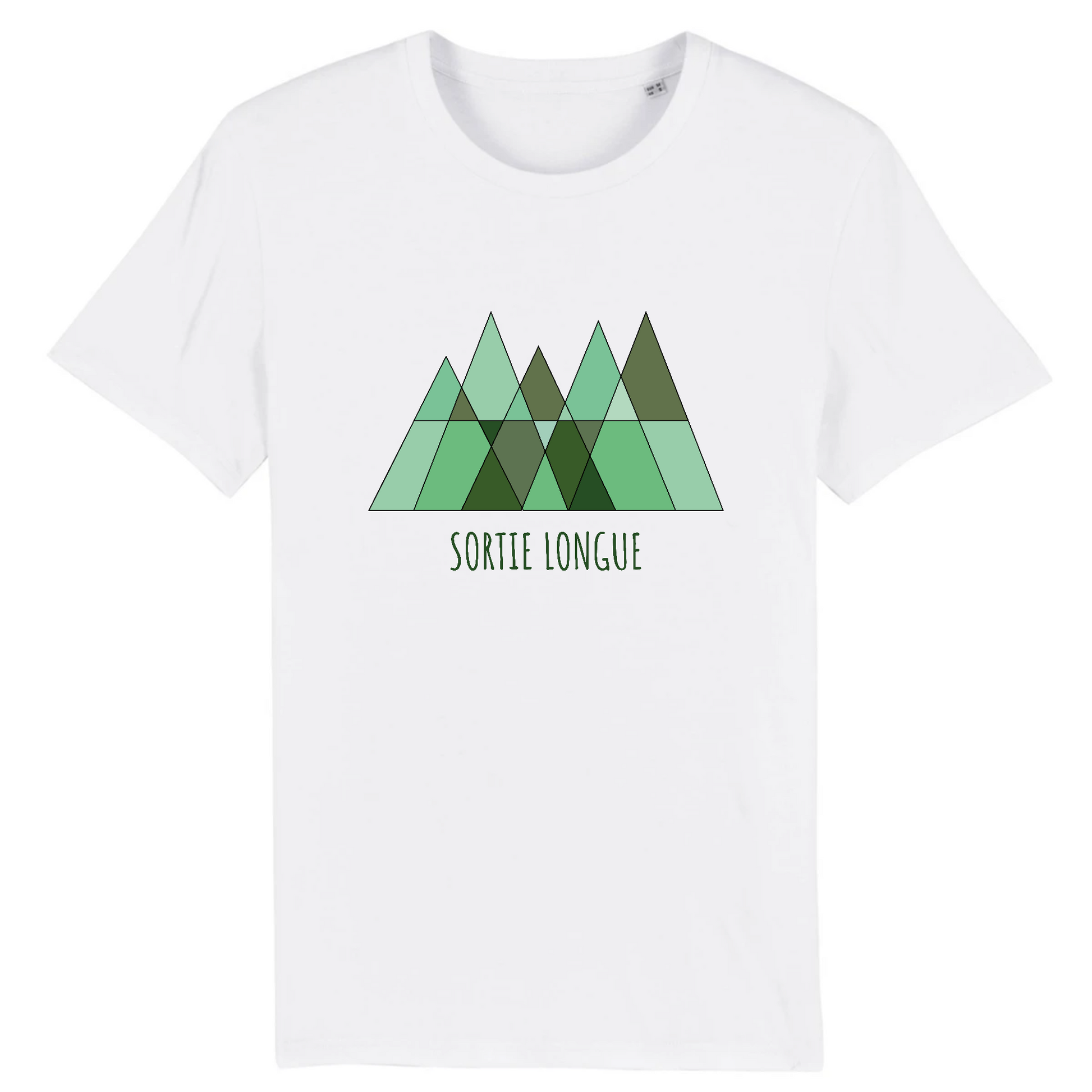 T-shirt unisexe Sortie Longue blanc, vue de face sur fond clair, logo triangles verts imprimé au centre avec texte Sortie Longue, t-shirt sobre pour dehors, marche et trajets.
