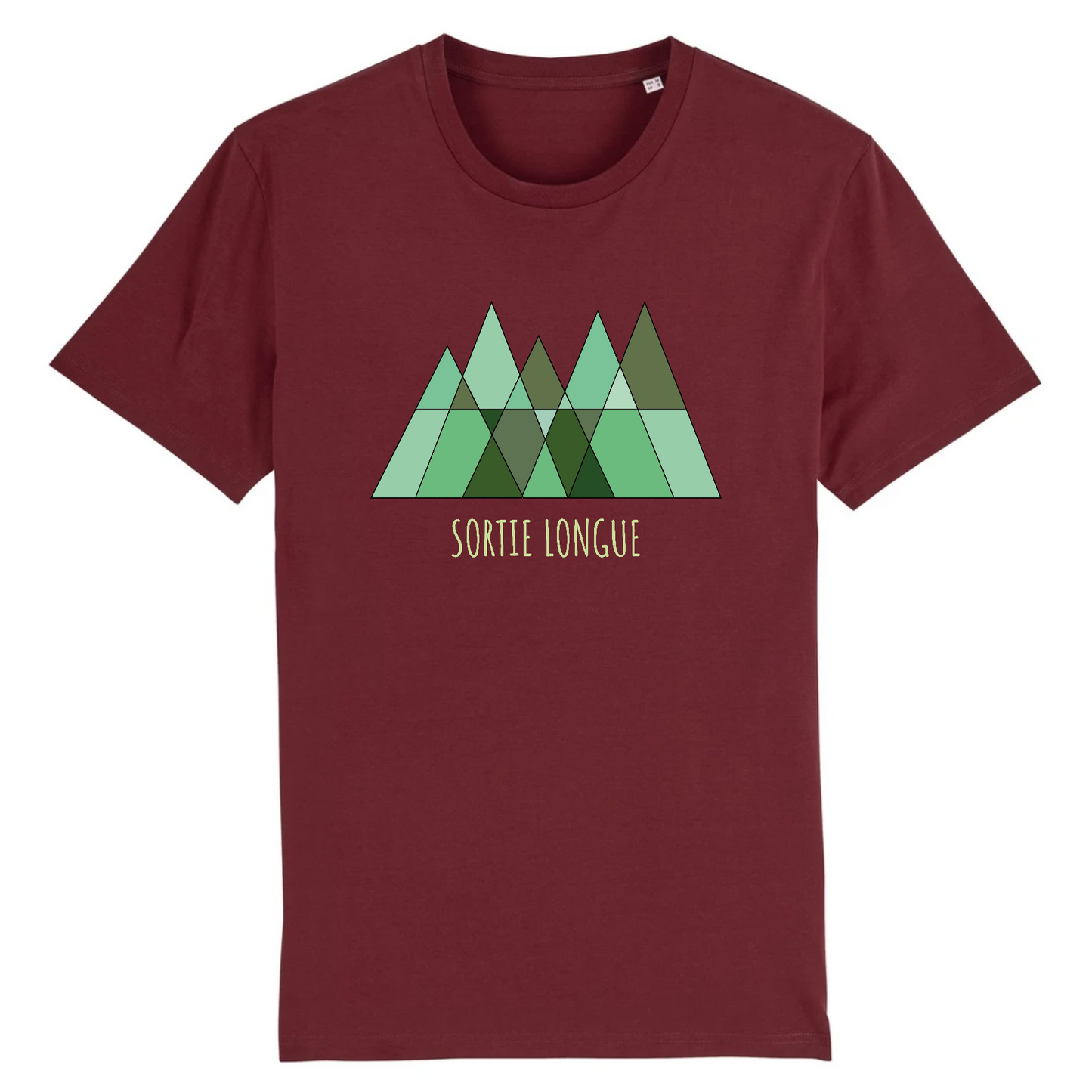 T-shirt unisexe Sortie Longue bordeaux, vue de face, logo triangles verts imprimé, design géométrique forêt et montagne, t-shirt pour marche, randonnée et jours dehors.