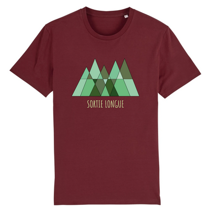 T-shirt unisexe Sortie Longue bordeaux, vue de face, logo triangles verts imprimé, design géométrique forêt et montagne, t-shirt pour marche, randonnée et jours dehors.