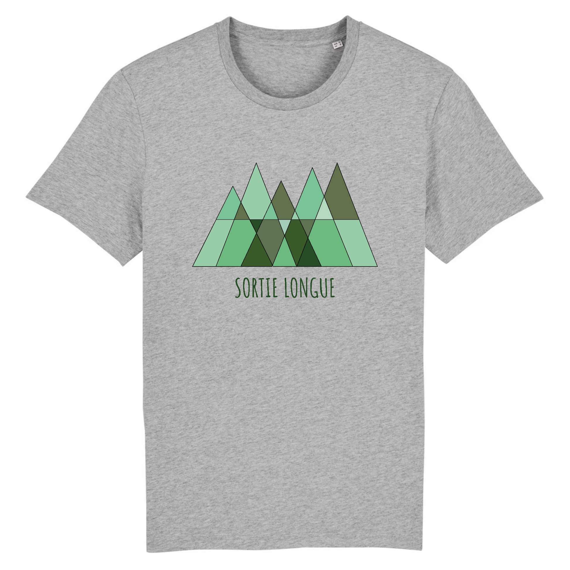 T-shirt unisexe Sortie Longue gris chiné, vue de face, impression logo triangles verts et texte Sortie Longue, design sapins/sommets, vêtement sobre pour marche et sentier.