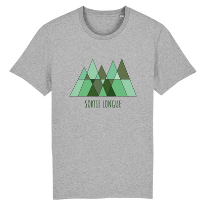 T-shirt unisexe Sortie Longue gris chiné, vue de face, impression logo triangles verts et texte Sortie Longue, design sapins/sommets, vêtement sobre pour marche et sentier.