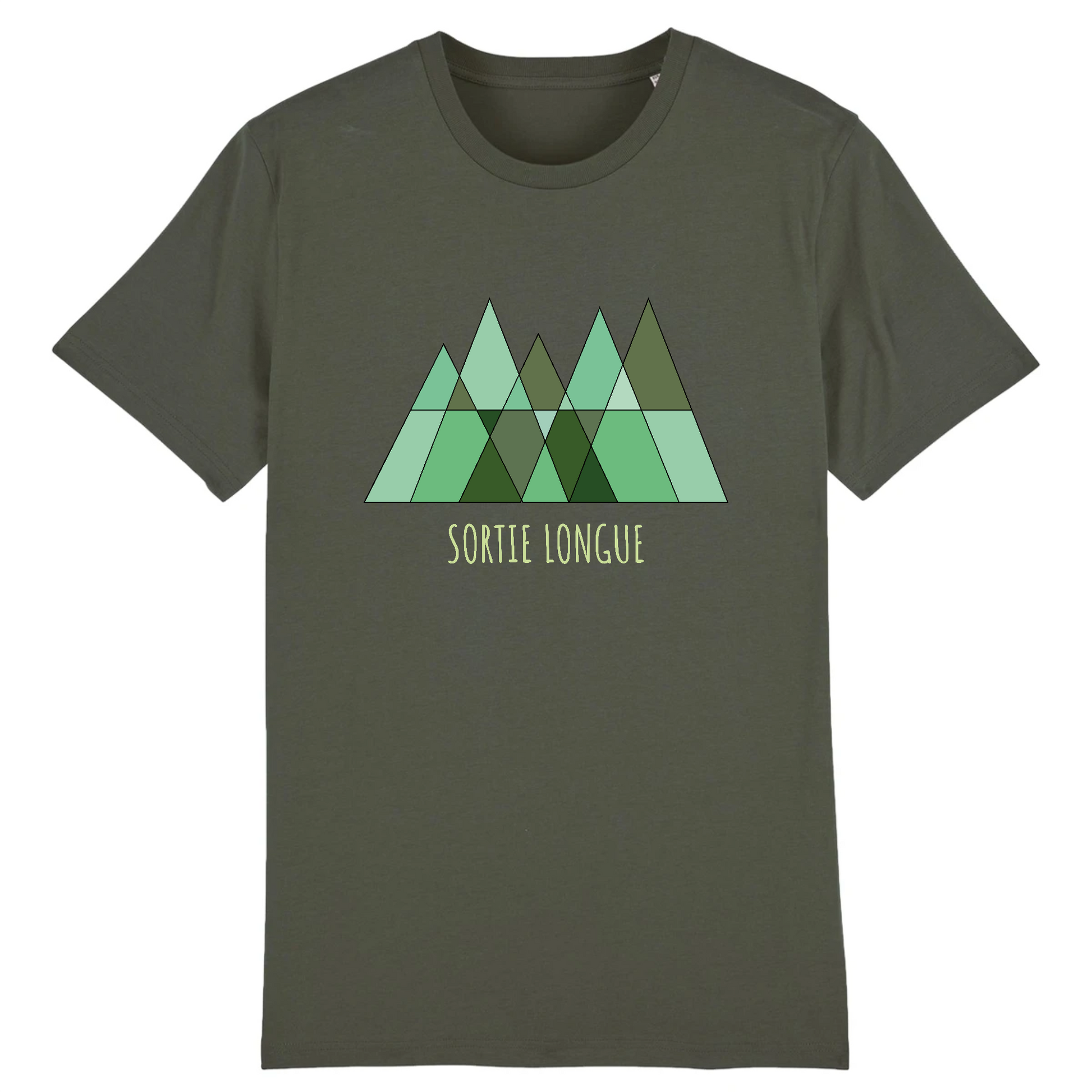T-shirt unisexe Sortie Longue kaki, vue de face, impression logo triangles verts et texte Sortie Longue, motif forêt/sommets, tenue outdoor simple pour sentier et déplacements.