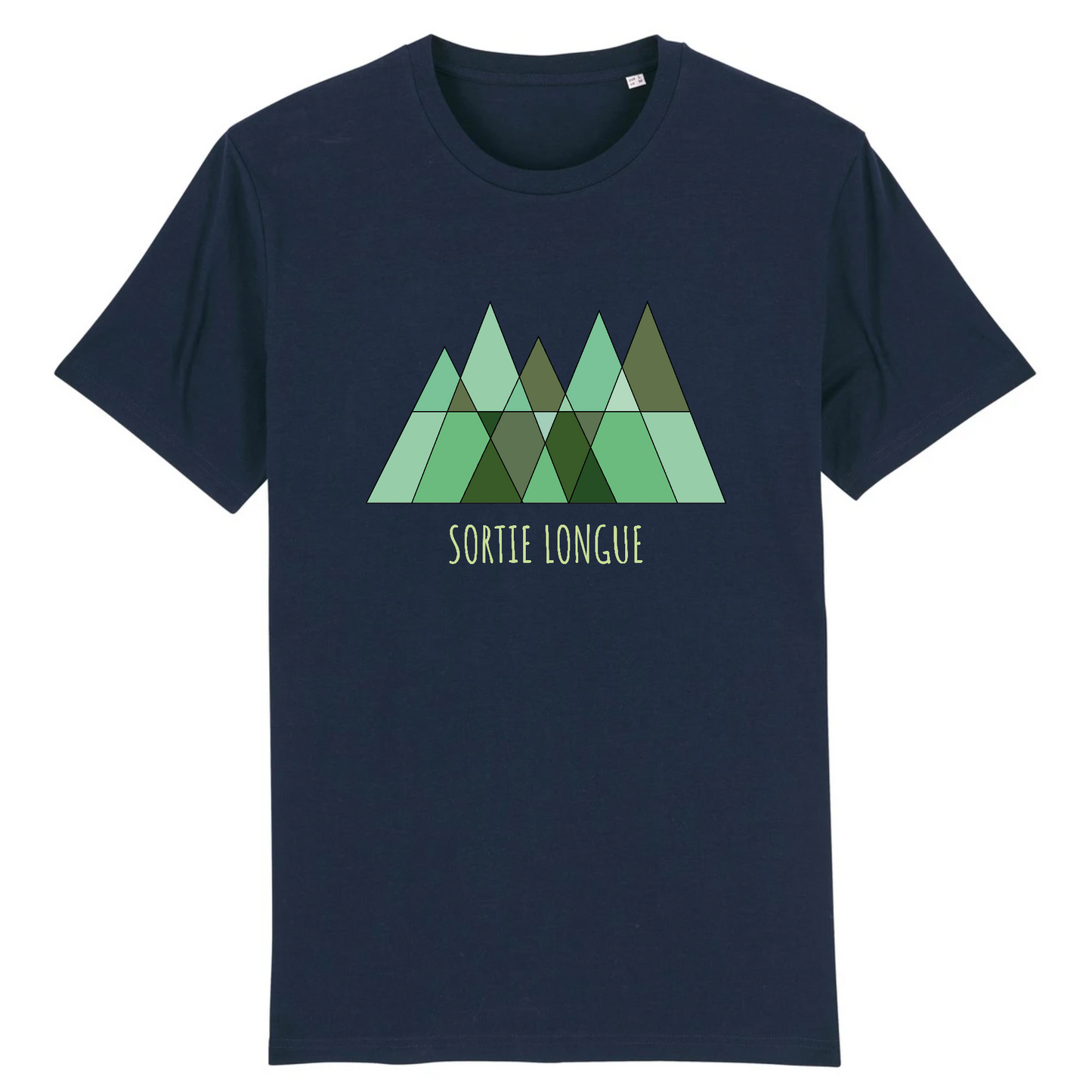 T-shirt unisexe Sortie Longue bleu marine, vue de face, logo triangles verts au centre avec texte Sortie Longue, motif minimal, tenue pour sorties nature et déplacements.
