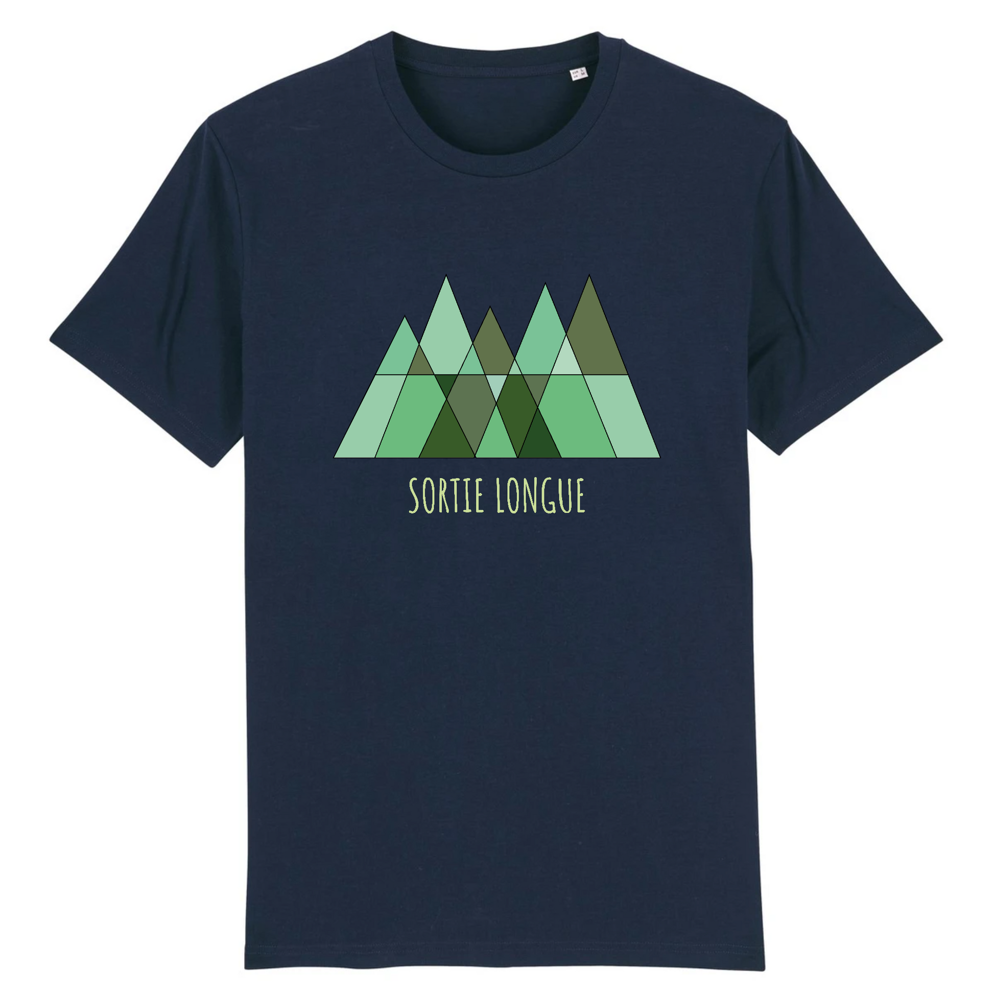 T-shirt unisexe Sortie Longue bleu marine, vue de face, logo triangles verts au centre avec texte Sortie Longue, motif minimal, tenue pour sorties nature et déplacements.