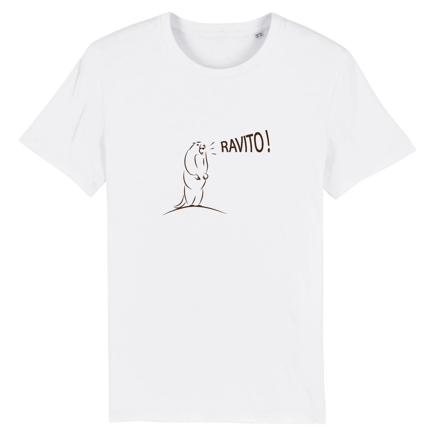 T-shirt unisexe Sortie Longue blanc, design Marmotte Ravito et texte “RAVITO!”, photo produit face, référence ravitaillement en trail, sorties montagne et culture coureurs.
