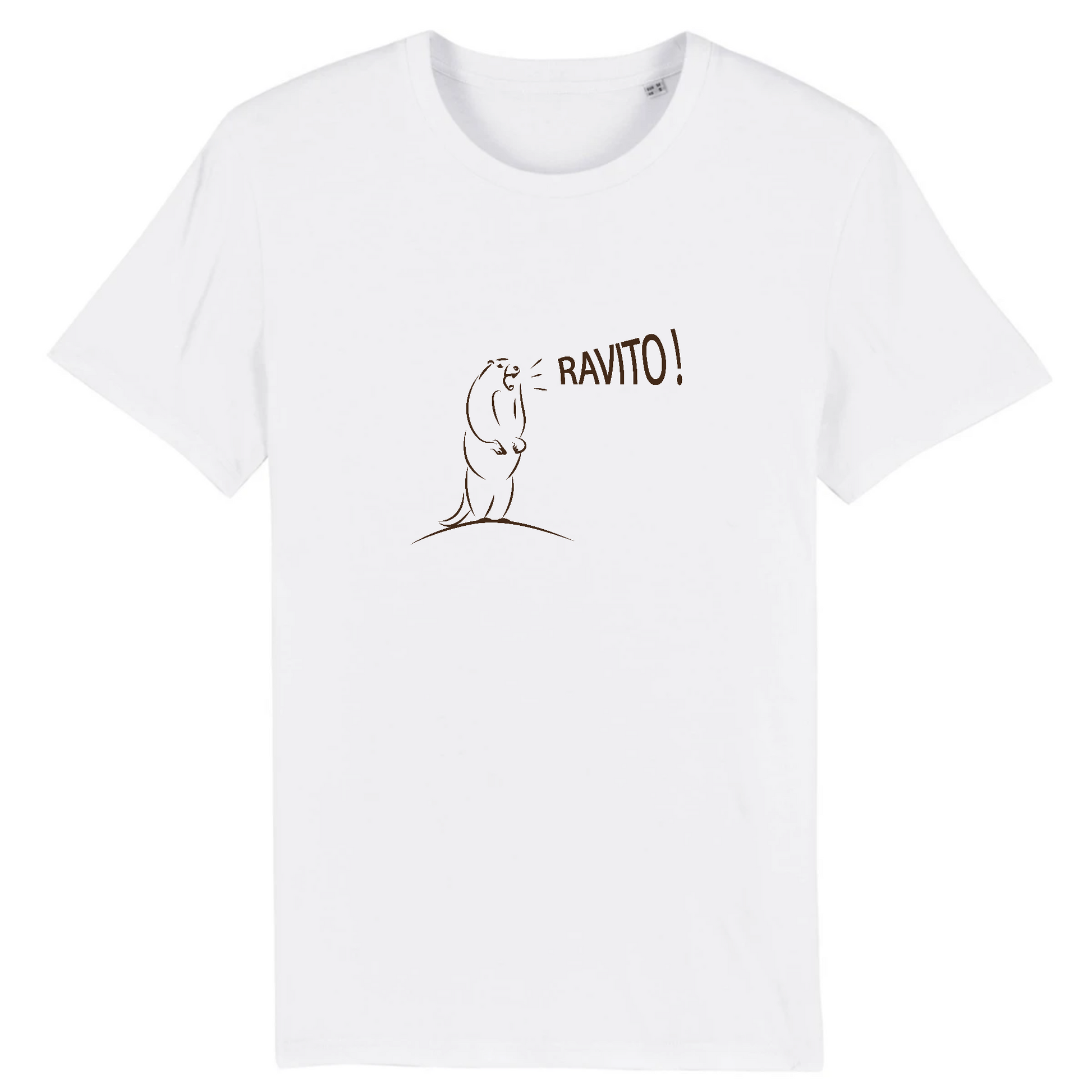 T-shirt unisexe Sortie Longue blanc, design Marmotte Ravito et texte “RAVITO!”, photo produit face, référence ravitaillement en trail, sorties montagne et culture coureurs.