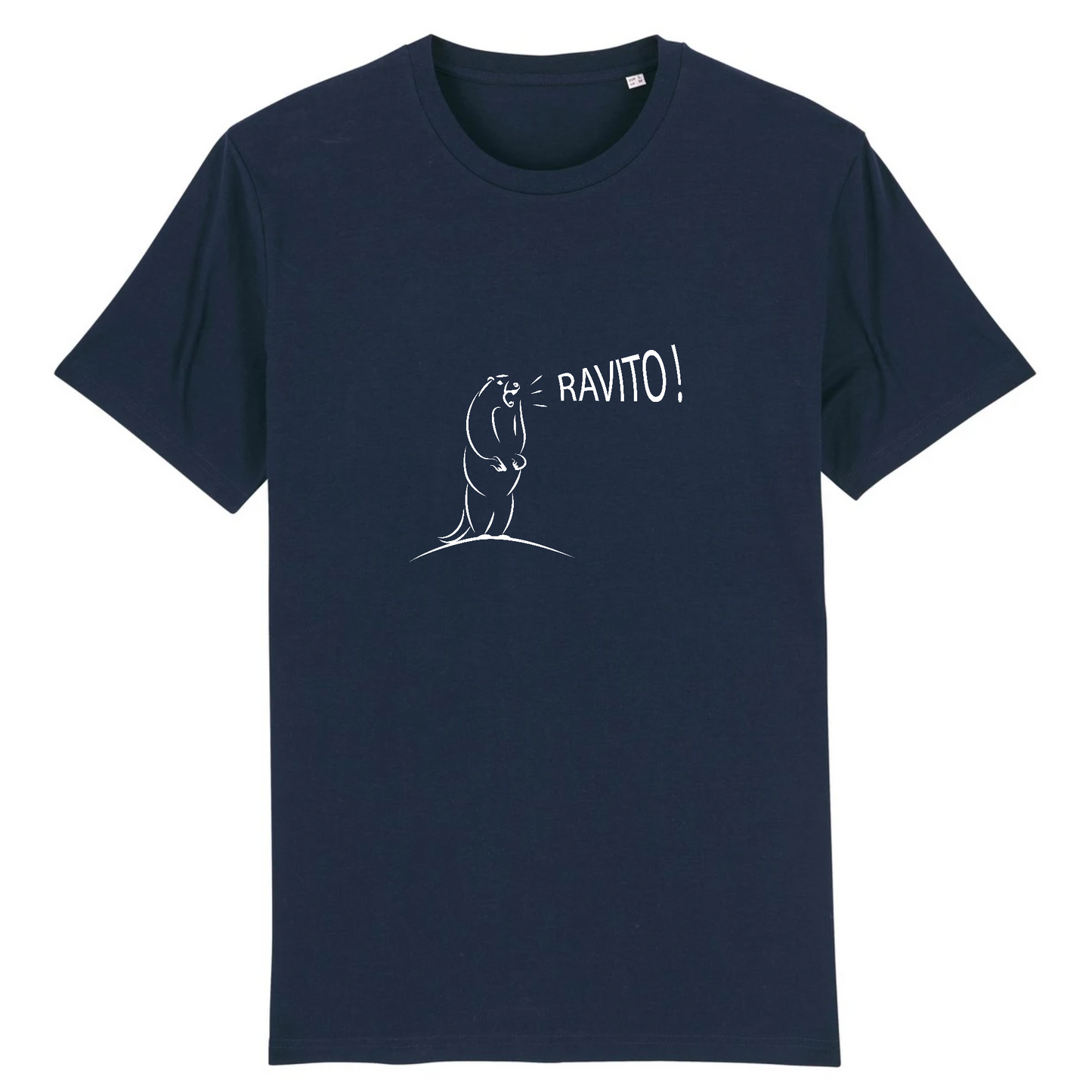 T-shirt unisexe Sortie Longue bleu marine, design Marmotte Ravito et “RAVITO!”, photo produit face, univers trail, ravitaillement et terrains montagne.