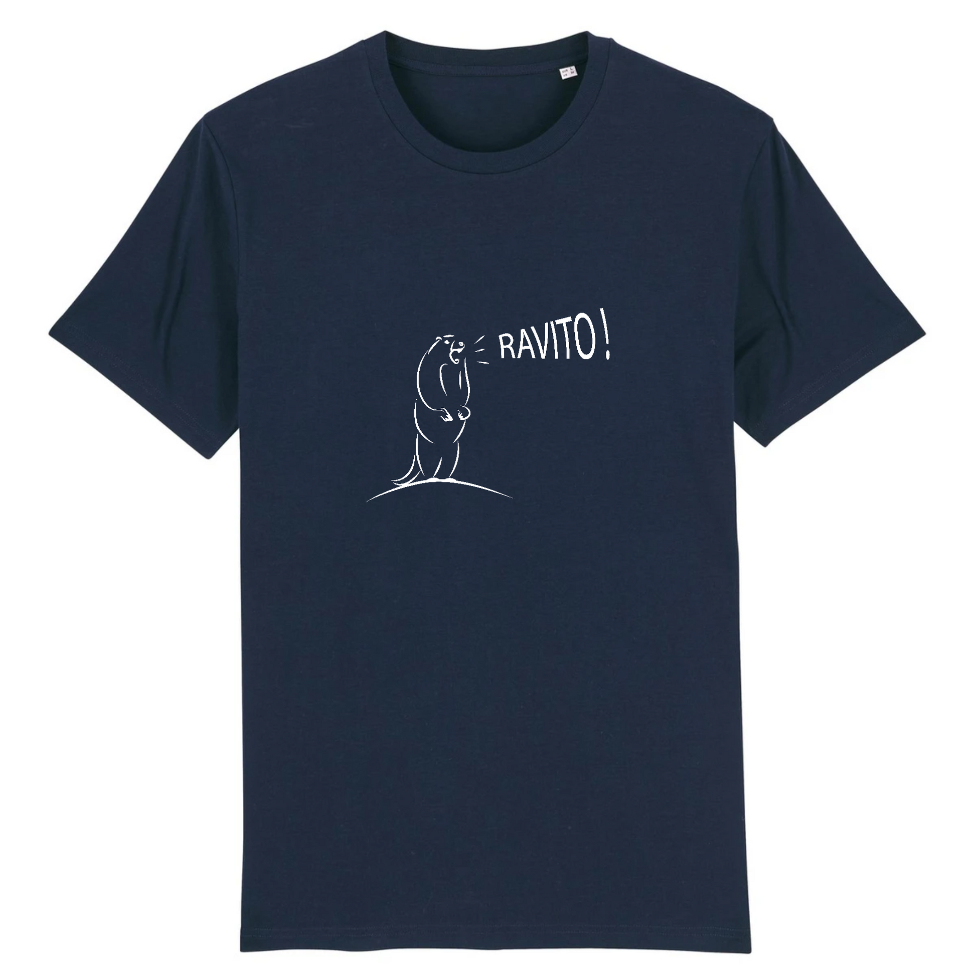 T-shirt unisexe Sortie Longue bleu marine, design Marmotte Ravito et “RAVITO!”, photo produit face, univers trail, ravitaillement et terrains montagne.