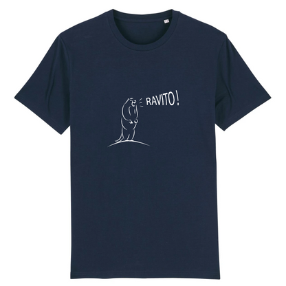 T-shirt unisexe Sortie Longue bleu marine, design Marmotte Ravito et “RAVITO!”, photo produit face, univers trail, ravitaillement et terrains montagne.