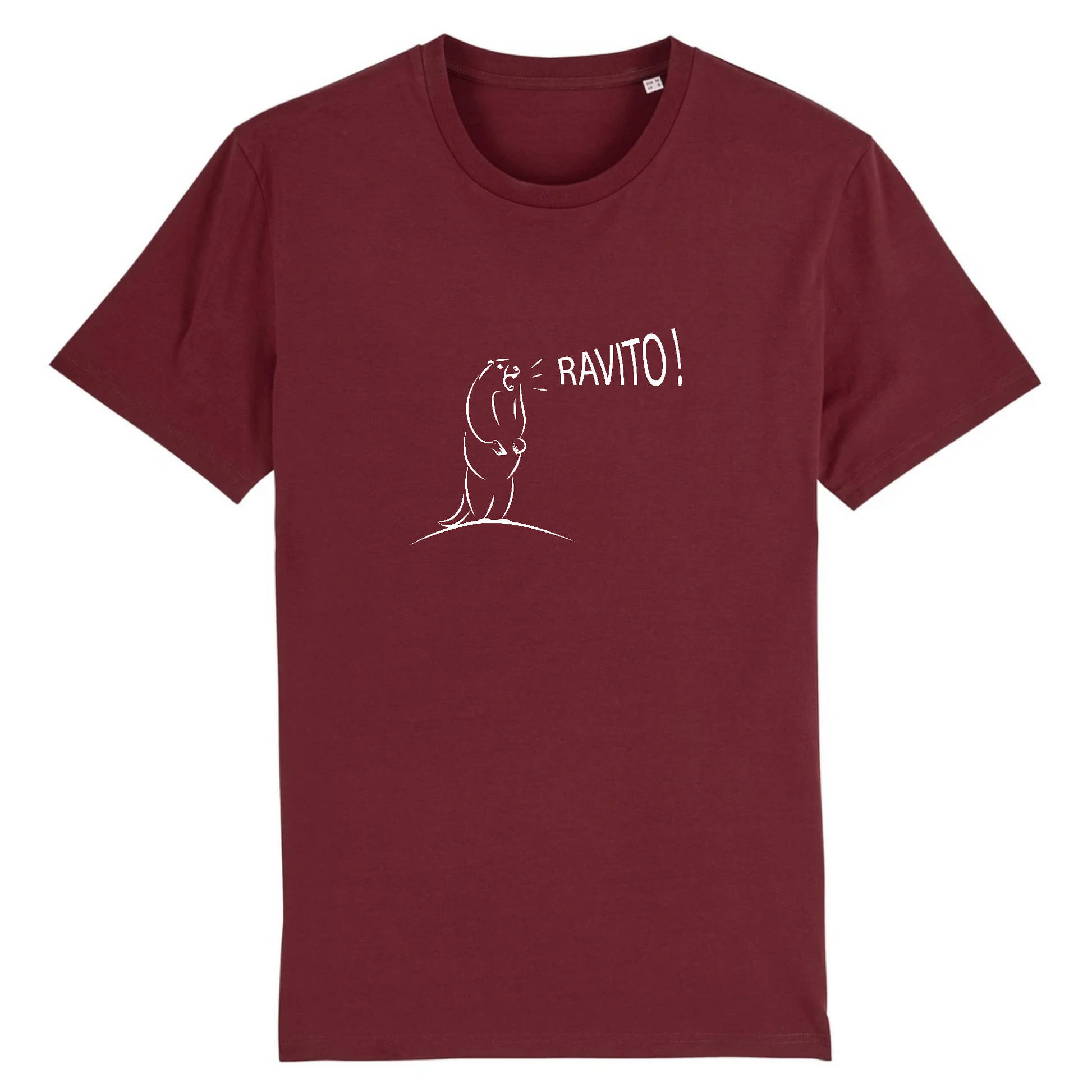 T-shirt unisexe Sortie Longue bordeaux, design Marmotte Ravito minimaliste “RAVITO!”, photo produit face, référence culture trail, table de ravito et pauses en course.