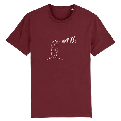 T-shirt unisexe Sortie Longue bordeaux, design Marmotte Ravito minimaliste “RAVITO!”, photo produit face, référence culture trail, table de ravito et pauses en course.
