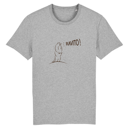 T-shirt unisexe Sortie Longue gris chiné, design Marmotte Ravito avec “RAVITO!”, photo produit face, évocation ravito trail, attente brève et froid en altitude.