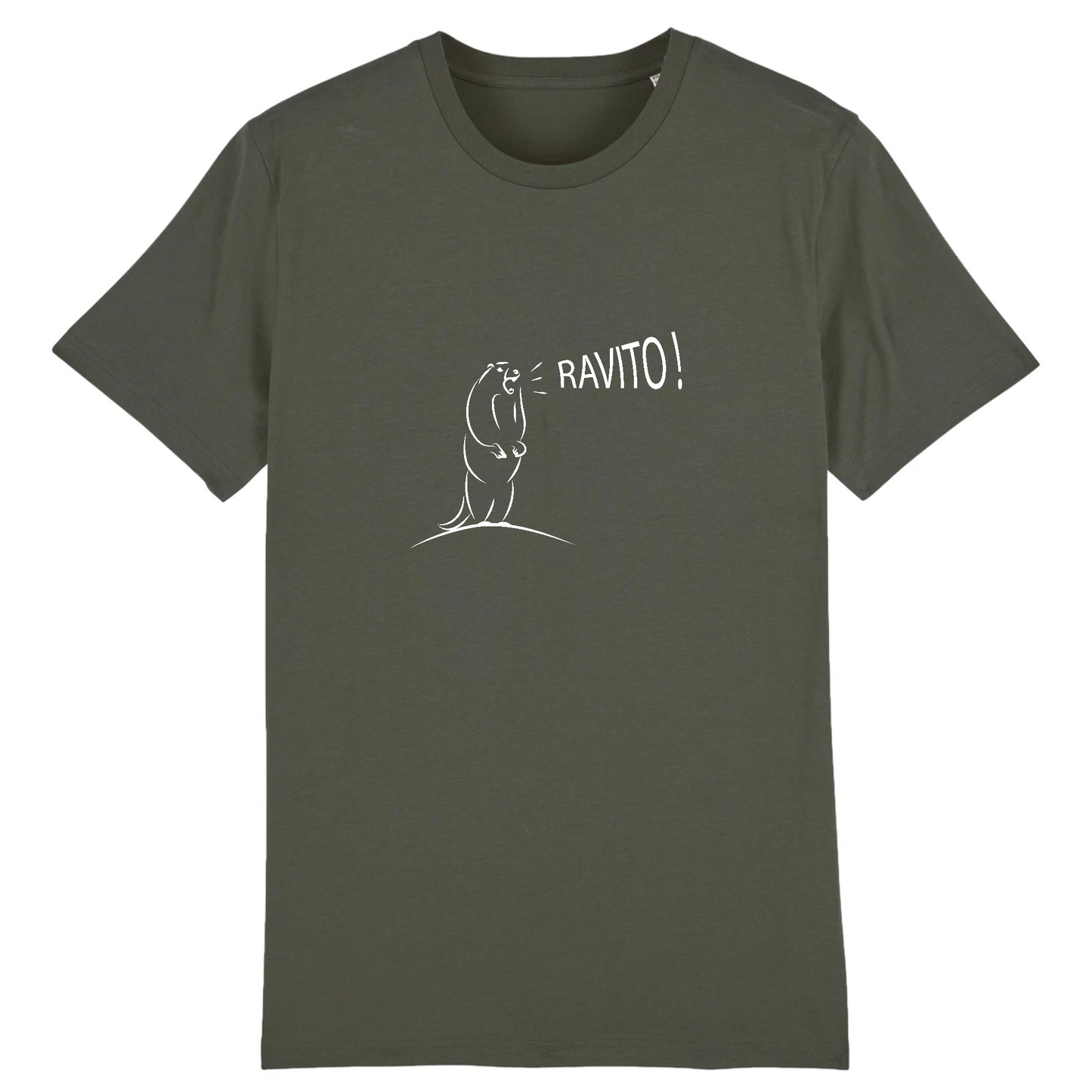 T-shirt unisexe Sortie Longue kaki, design Marmotte Ravito et “RAVITO!”, photo produit face, inspiration trail running, ravitaillement et montagne.