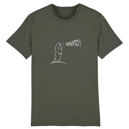 T-shirt unisexe Sortie Longue kaki, design Marmotte Ravito et “RAVITO!”, photo produit face, inspiration trail running, ravitaillement et montagne.