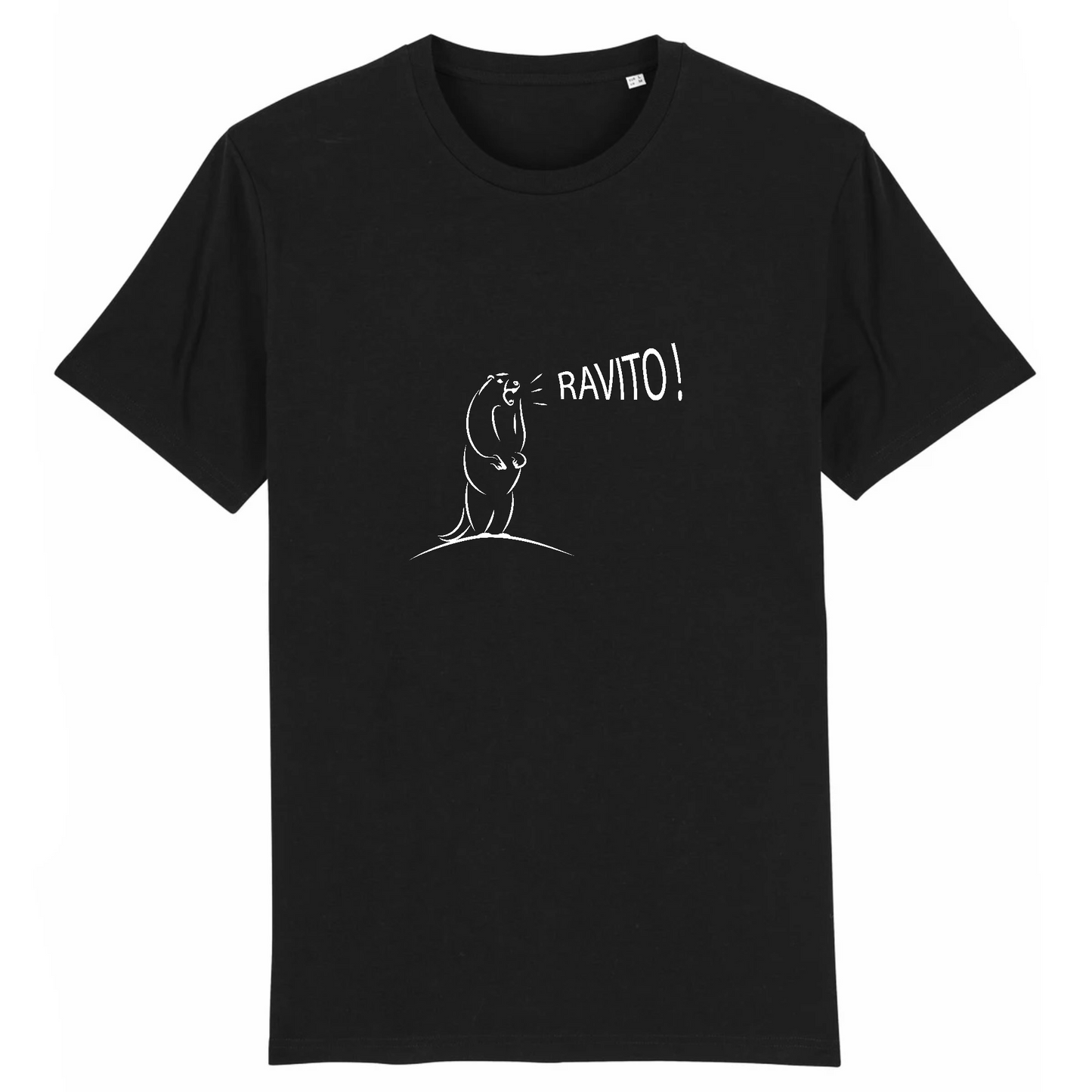 T-shirt unisexe Sortie Longue noir, design Marmotte Ravito avec “RAVITO!”, photo produit face, évocation ravito, pause, et course nature en altitude.