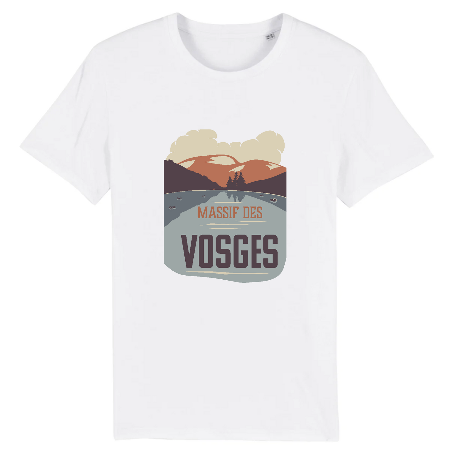 T-shirt Sortie Longue blanc, vue de face, impression “Massif des Vosges” centrée avec Lac des Corbeaux, lac et relief stylisés; t-shirt pour randonnée, marche et déplacements.