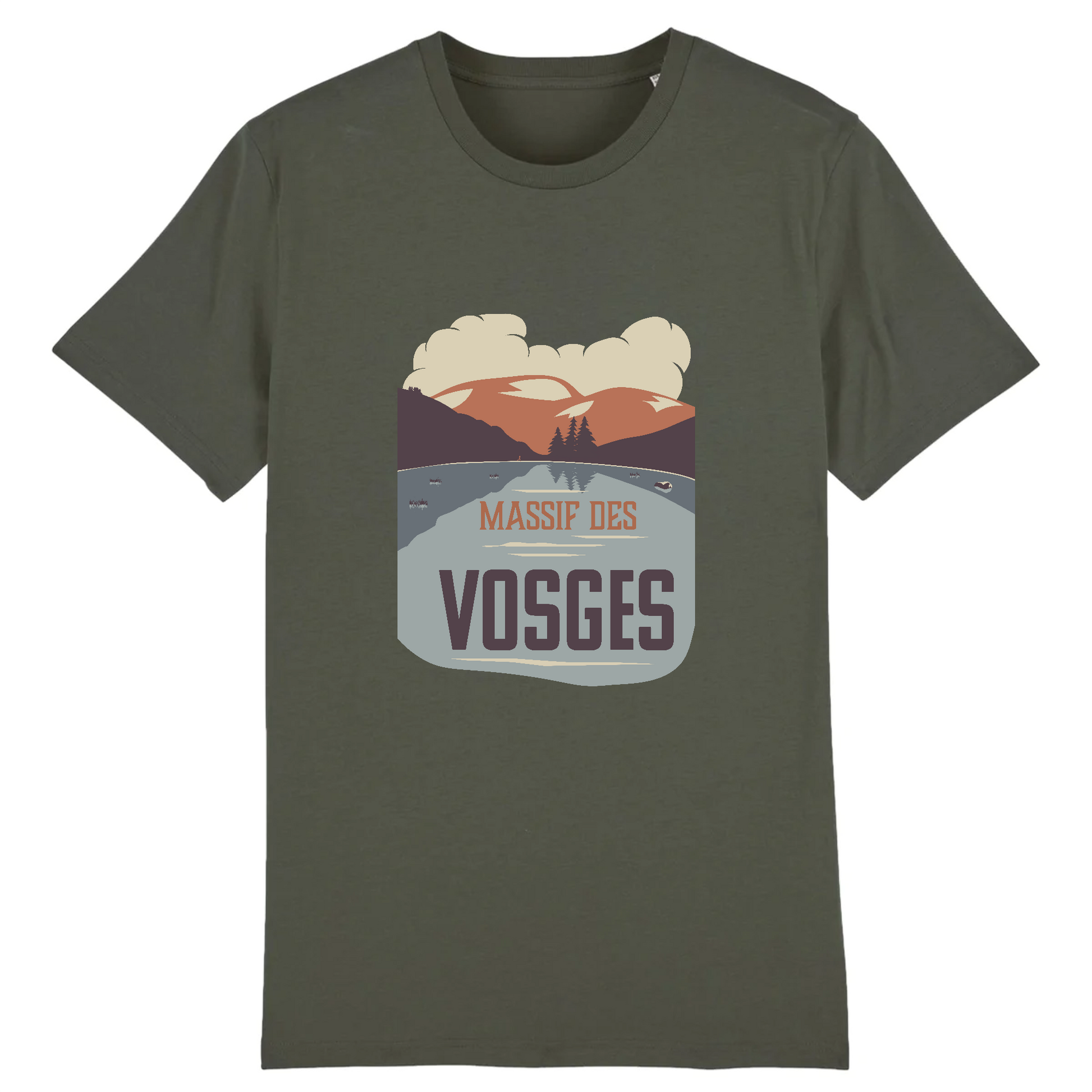 T-shirt Sortie Longue vert kaki, vue de face, design Massif des Vosges imprimé, Lac des Corbeaux et forêt, contraste net; tenue outdoor sobre pour marche et sentier.