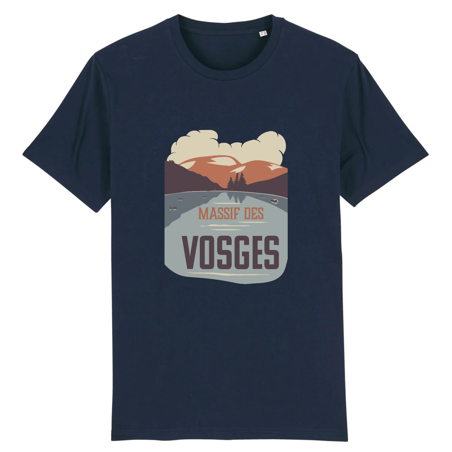 T-shirt Sortie Longue bleu marine, vue de face, visuel Massif des Vosges Lac des Corbeaux, lac et crêtes, style affiche; t-shirt pour marche, randonnée et trajets.