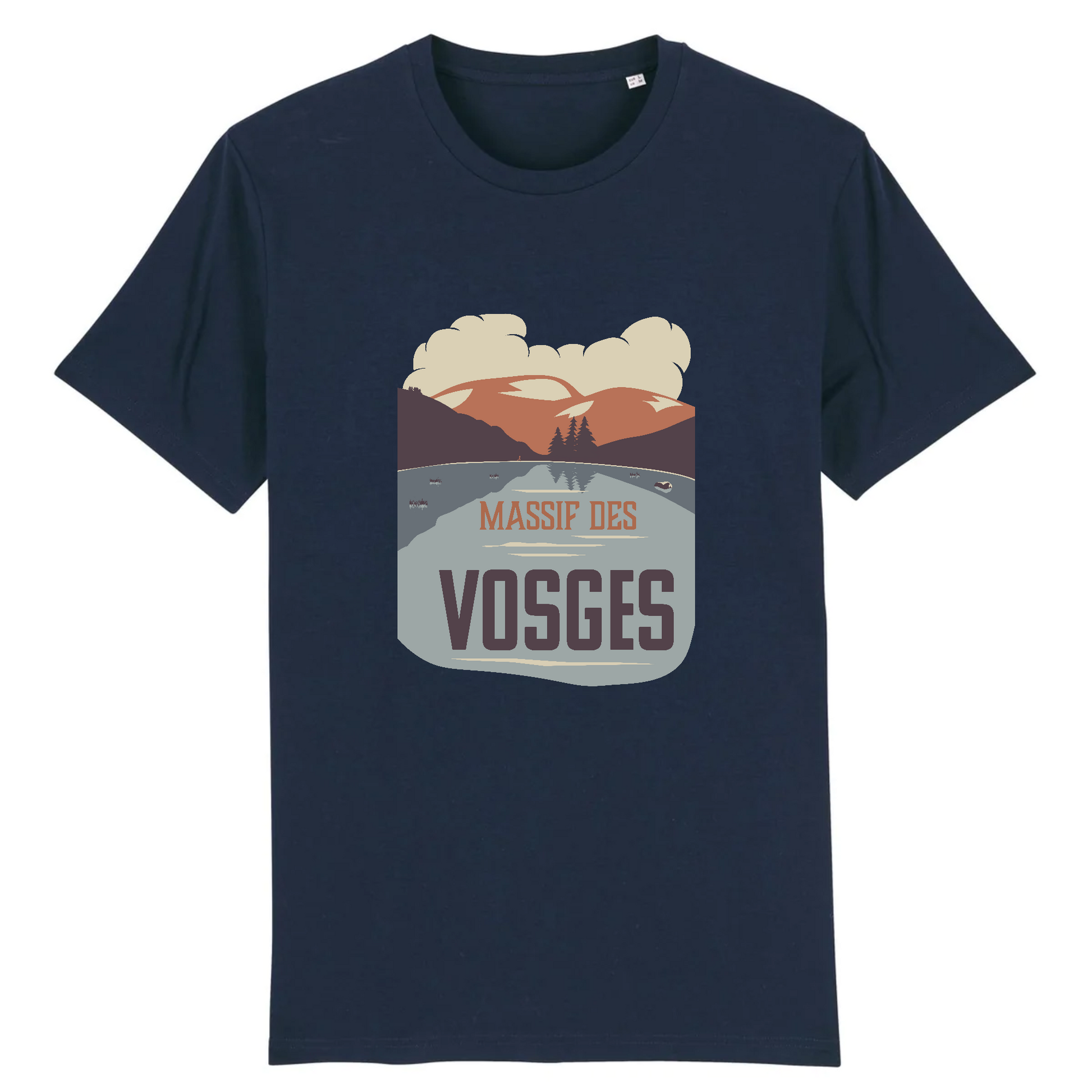 T-shirt Sortie Longue bleu marine, vue de face, visuel Massif des Vosges Lac des Corbeaux, lac et crêtes, style affiche; t-shirt pour marche, randonnée et trajets.