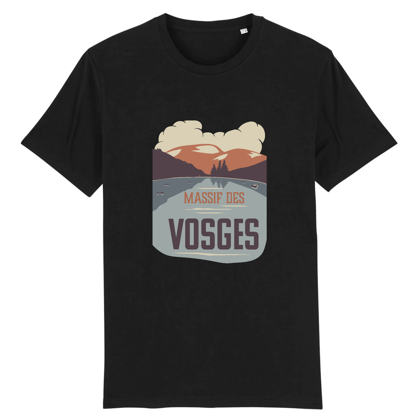 Vue de face t-shirt noir, motif Vosges centré, lac encaissé et crêtes stylisées.