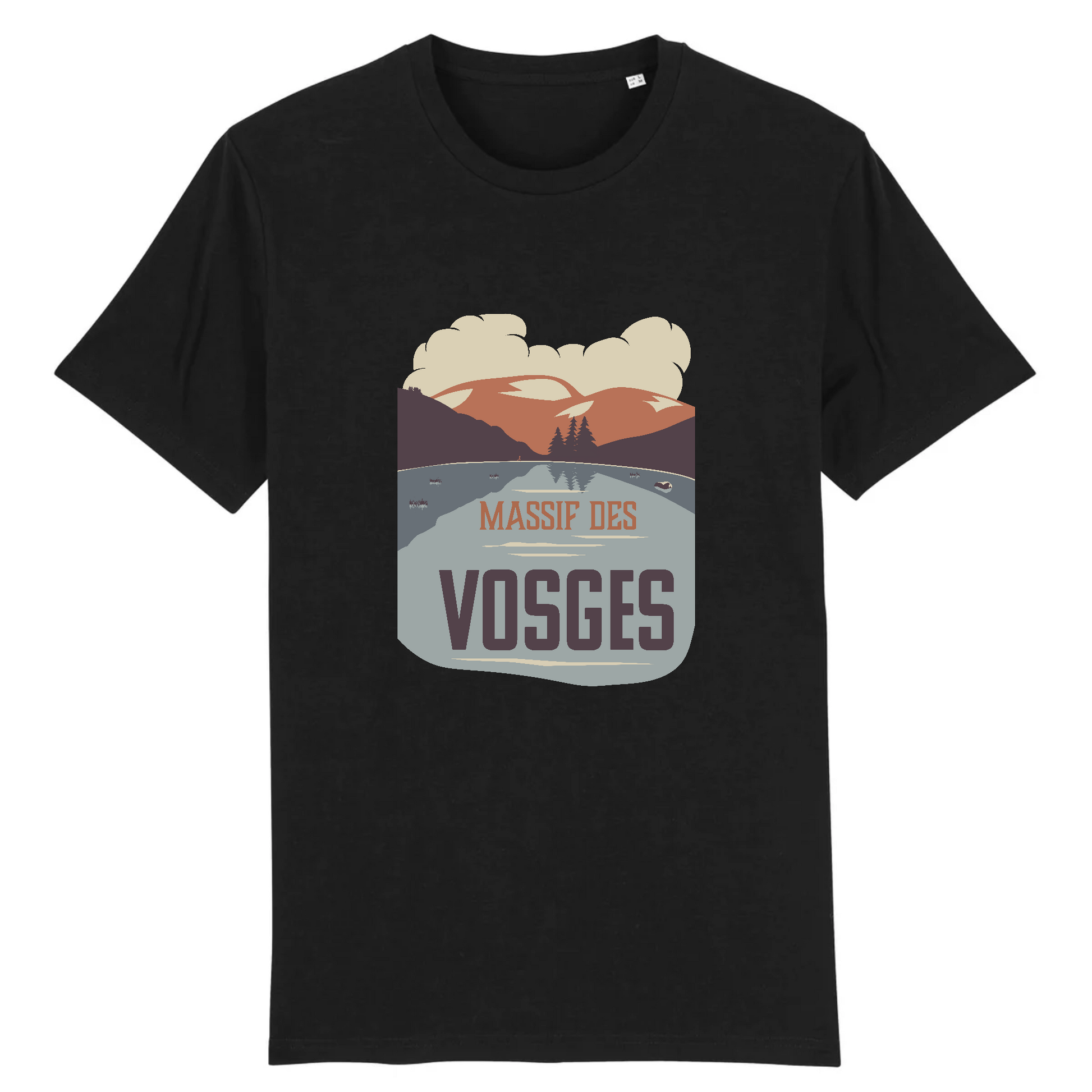 Vue de face t-shirt noir, motif Vosges centré, lac encaissé et crêtes stylisées.