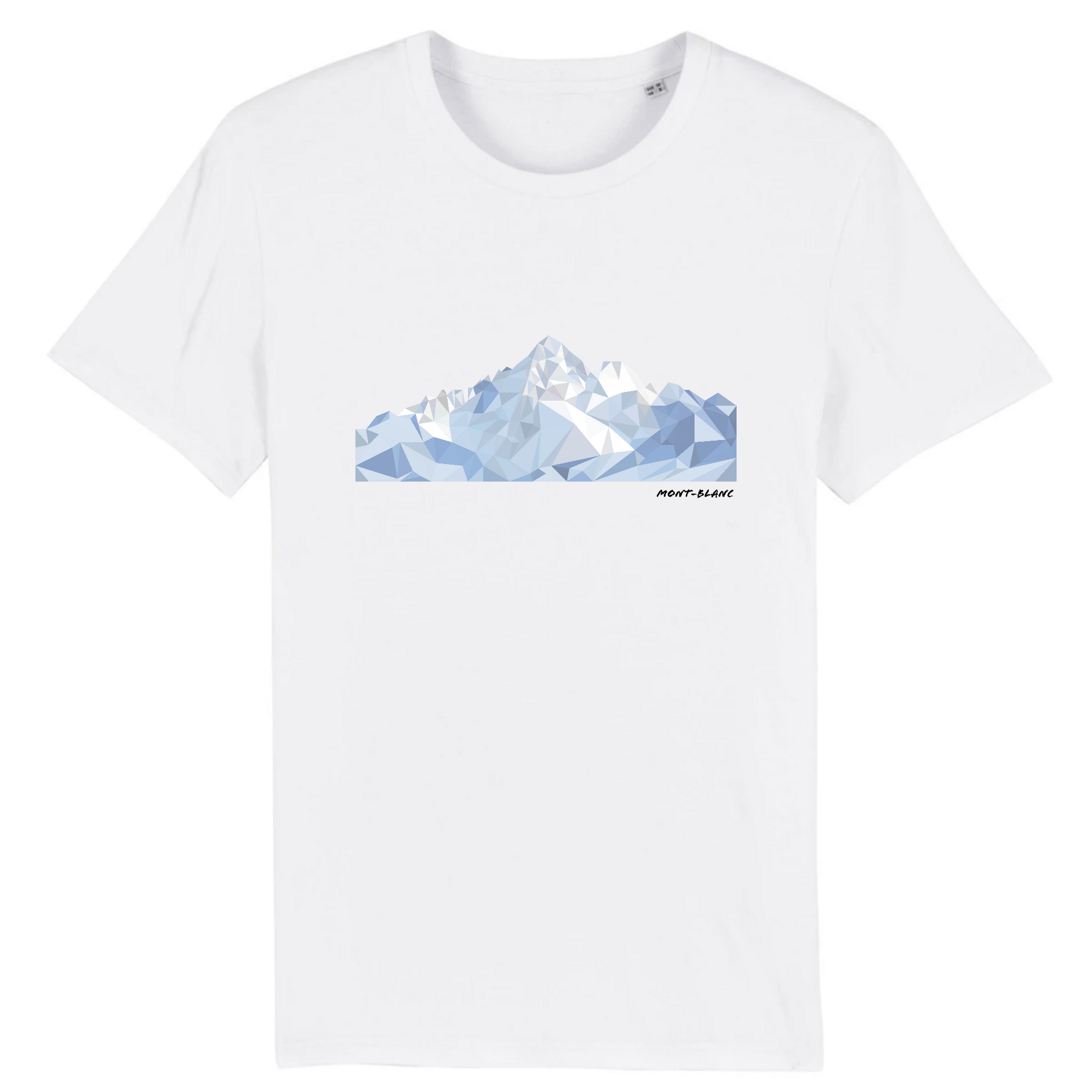 T-shirt unisexe Sortie Longue blanc, vue de face sur fond clair, impression Mont-Blanc low poly centrée, relief en facettes et zones d’ombre, vêtement sobre pour sorties montagne et déplacements.