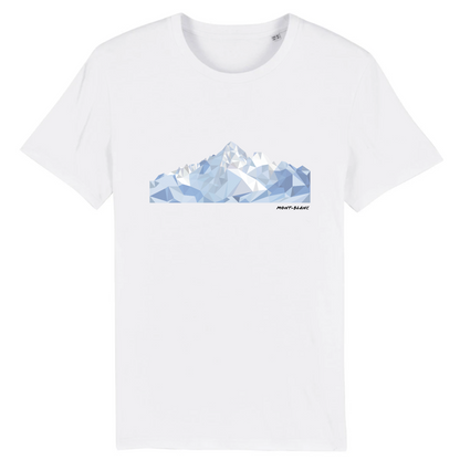 T-shirt unisexe Sortie Longue blanc, vue de face sur fond clair, impression Mont-Blanc low poly centrée, relief en facettes et zones d’ombre, vêtement sobre pour sorties montagne et déplacements.