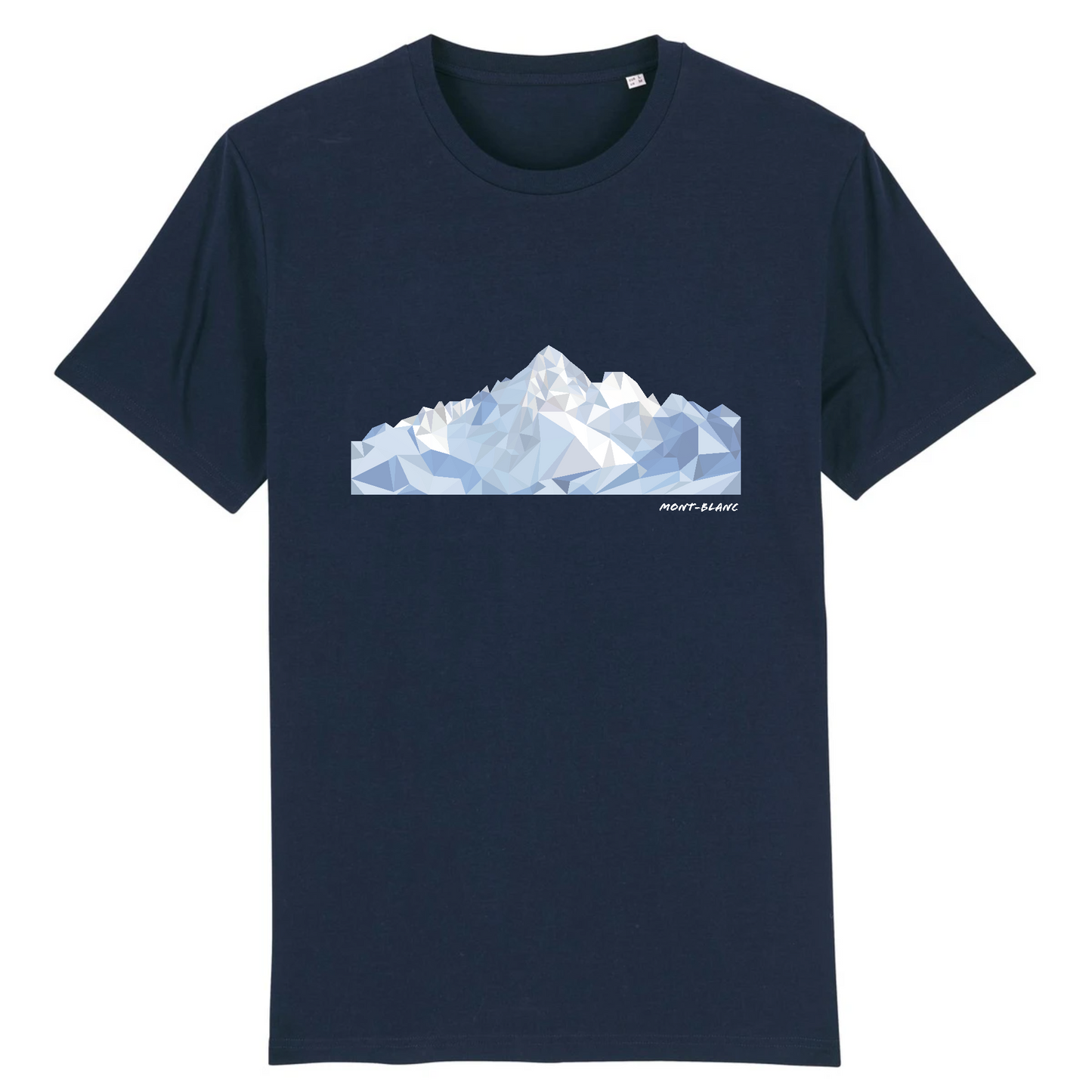 T-shirt unisexe Sortie Longue bleu, vue de face, impression Mont-Blanc low poly au centre, facettes géométriques et contraste neige/ombre, vêtement outdoor montagne avant ou après la sortie.