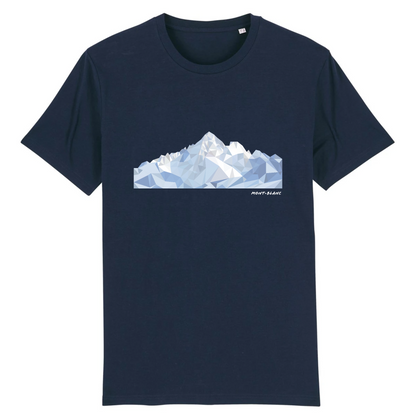 T-shirt unisexe Sortie Longue bleu, vue de face, impression Mont-Blanc low poly au centre, facettes géométriques et contraste neige/ombre, vêtement outdoor montagne avant ou après la sortie.