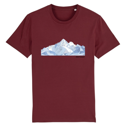 T-shirt unisexe Sortie Longue bordeaux, vue de face, design Mont-Blanc low poly imprimé sur la poitrine, massif en forme polygonale, tenue sobre pour randonnée, trail et déplacements.